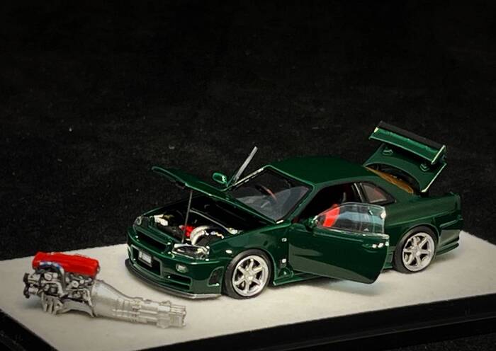 1/64 PGM Nissan 日産 GTR R34 Z Tune 緑　全開閉 PGM Nissan GTR R34 Z-TUNE Diecast Model - British Green 1:64