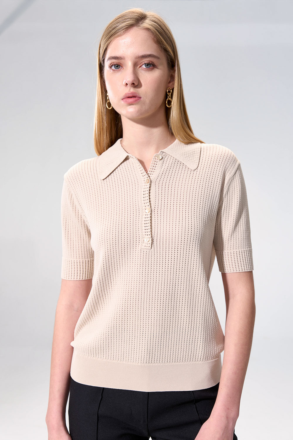 SST&C Tan Hollow-Out Polo Collar Short-Sleeve Knit Top | 01192503003_0