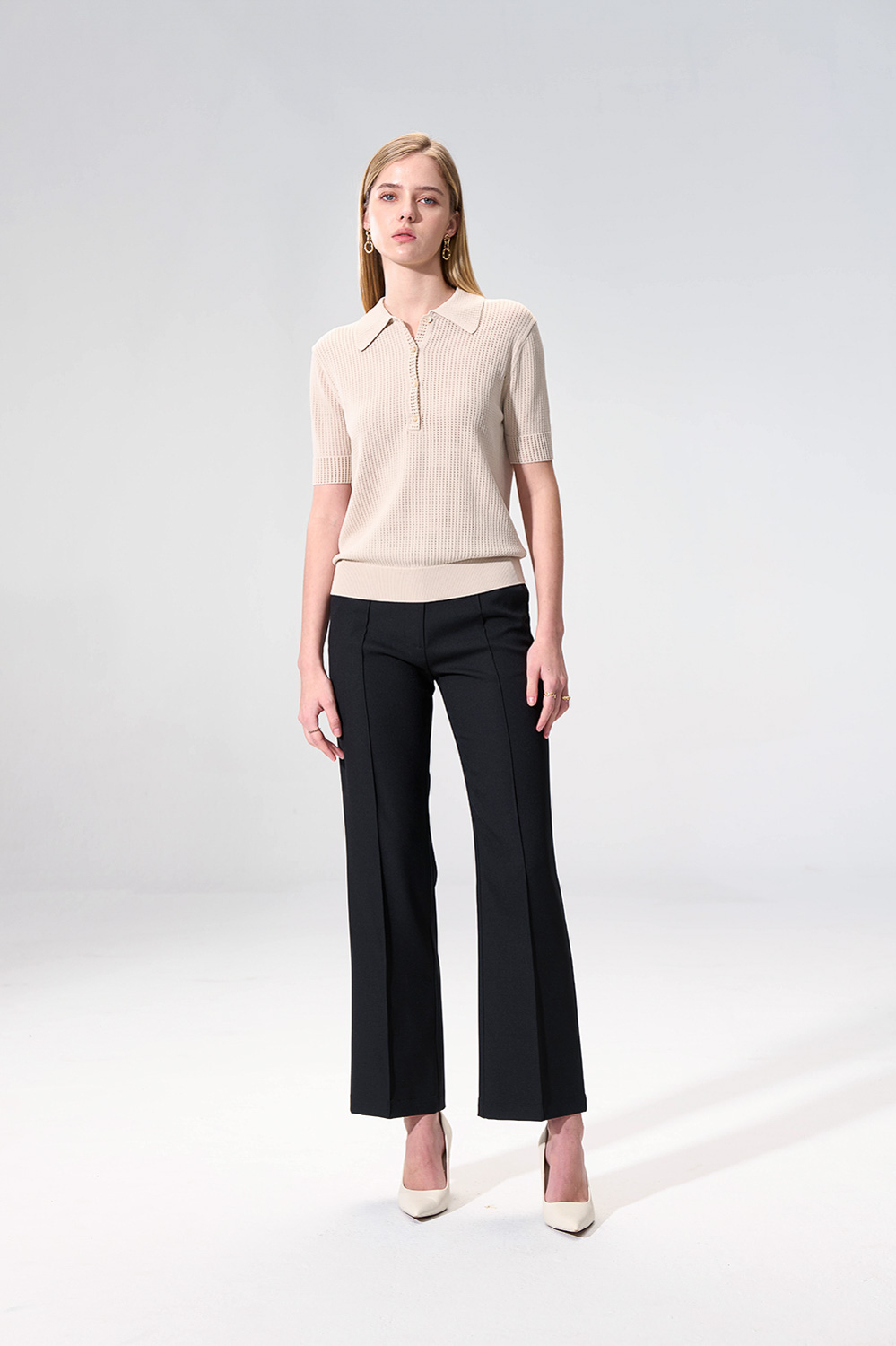 SST&C Tan Hollow-Out Polo Collar Short-Sleeve Knit Top | 01192503003_1