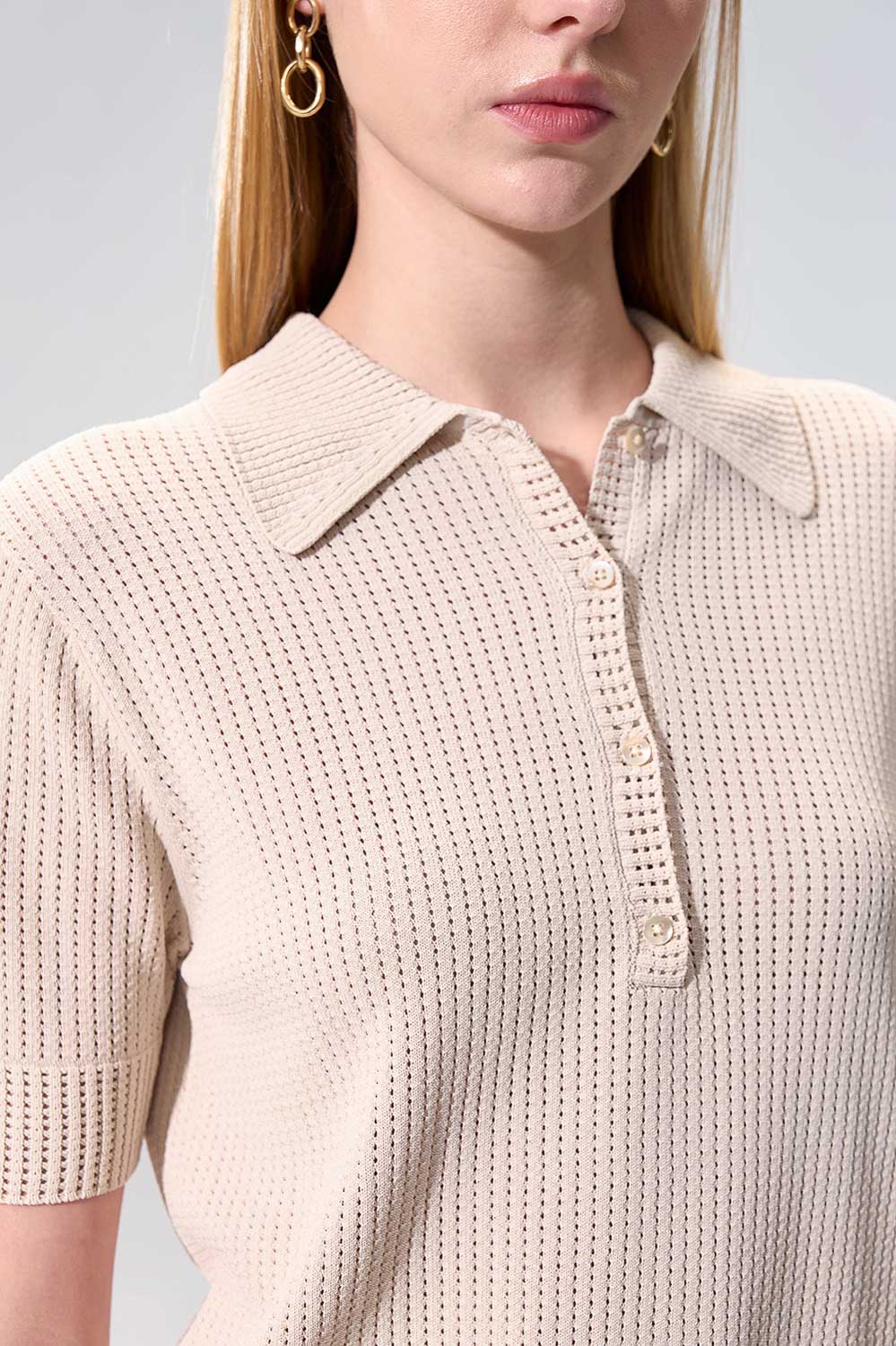 SST&C Tan Hollow-Out Polo Collar Short-Sleeve Knit Top | 01192503003_2