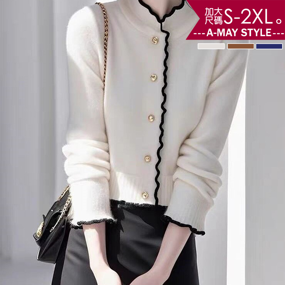 加大碼毛衣 優雅小香風滾邊拼色小立領毛呢上衣(S-2XL)【XAM050241】＊艾美時尚(現+預)_0