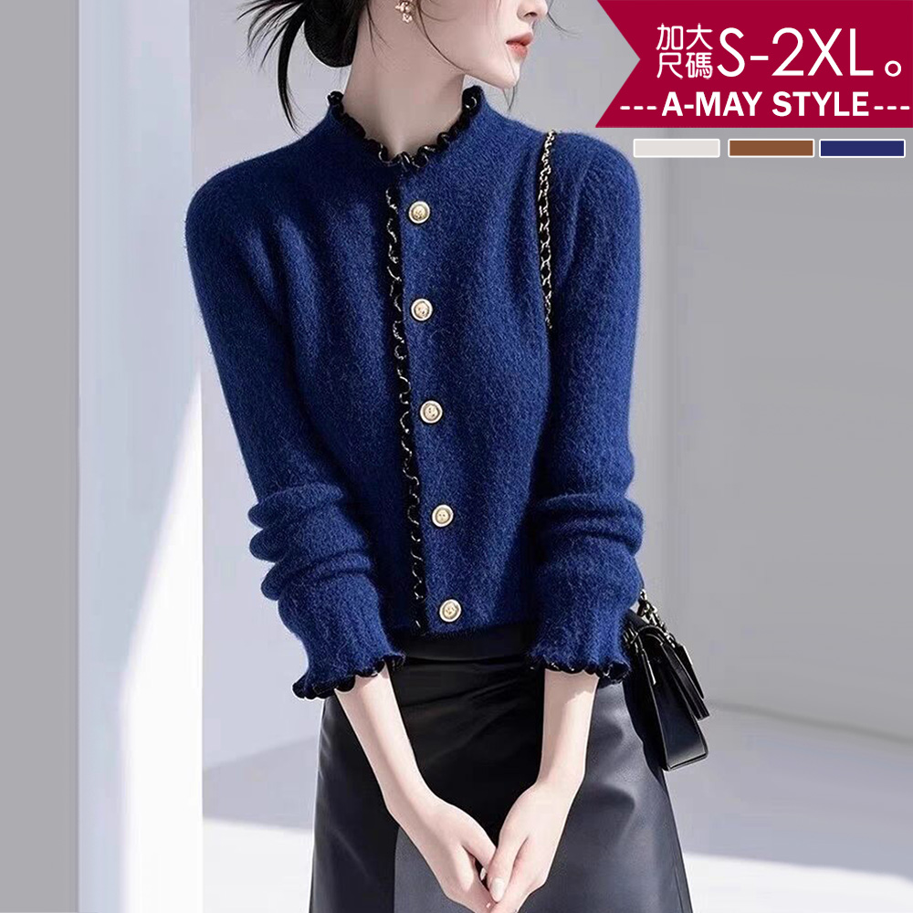 加大碼毛衣 優雅小香風滾邊拼色小立領毛呢上衣(S-2XL)【XAM050241】＊艾美時尚(現+預)_2
