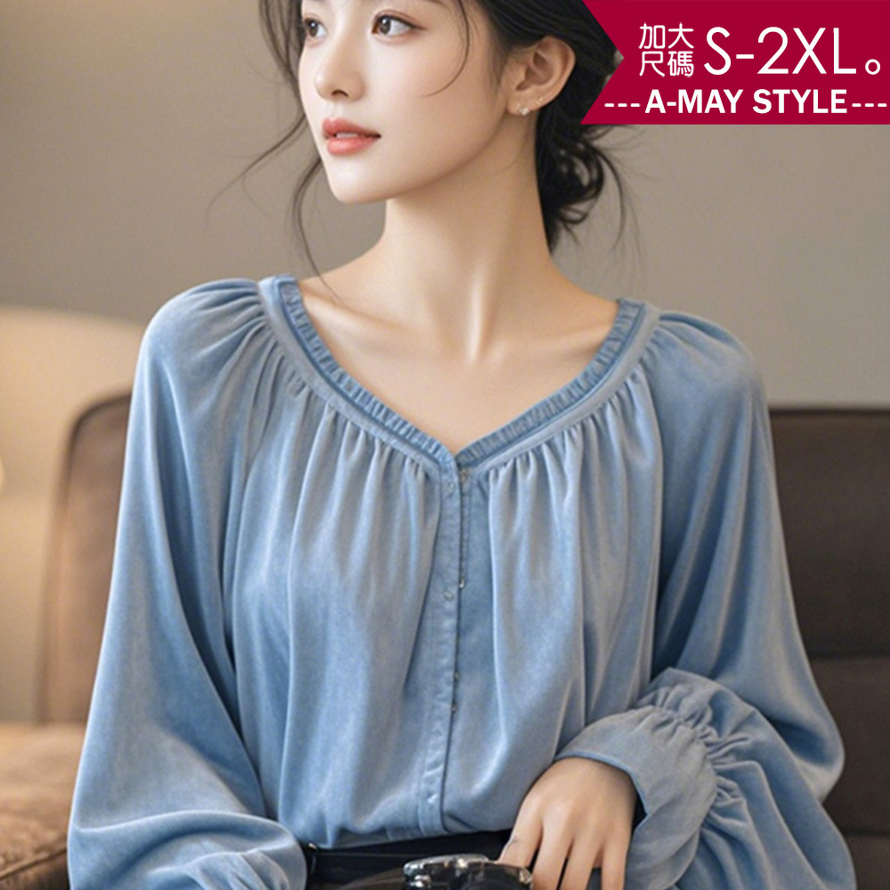 加大碼上衣 韓系氣質V領荷葉邊抓皺燈籠袖襯衫(S-2XL)【XAM250349】＊艾美時尚(現+預)_0
