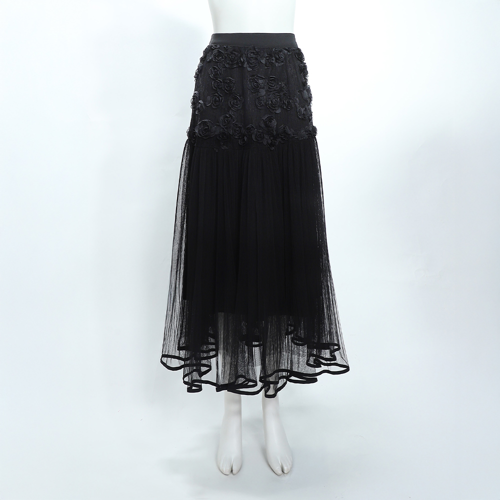 ILEY伊蕾 立體工藝花卉網紗中長裙(黑；M-XL)_3