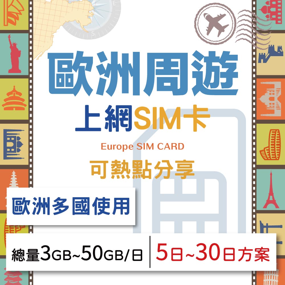 【歐洲周遊 SIM卡】歐洲4G上網 歐洲多國使用 總量3GB~50GB方案 高速上網