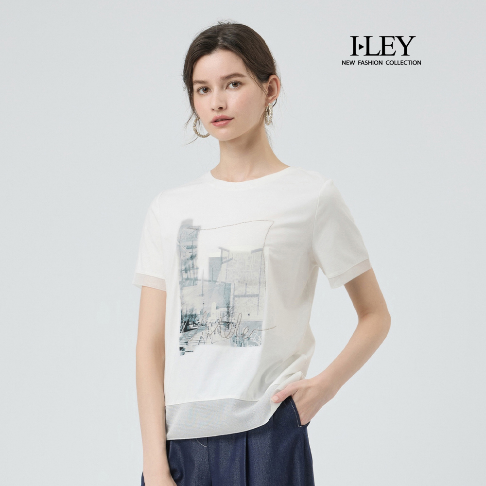 ILEY伊蕾 膠印圖案珠鍊拼接棉質上衣(白；M-XL)_0