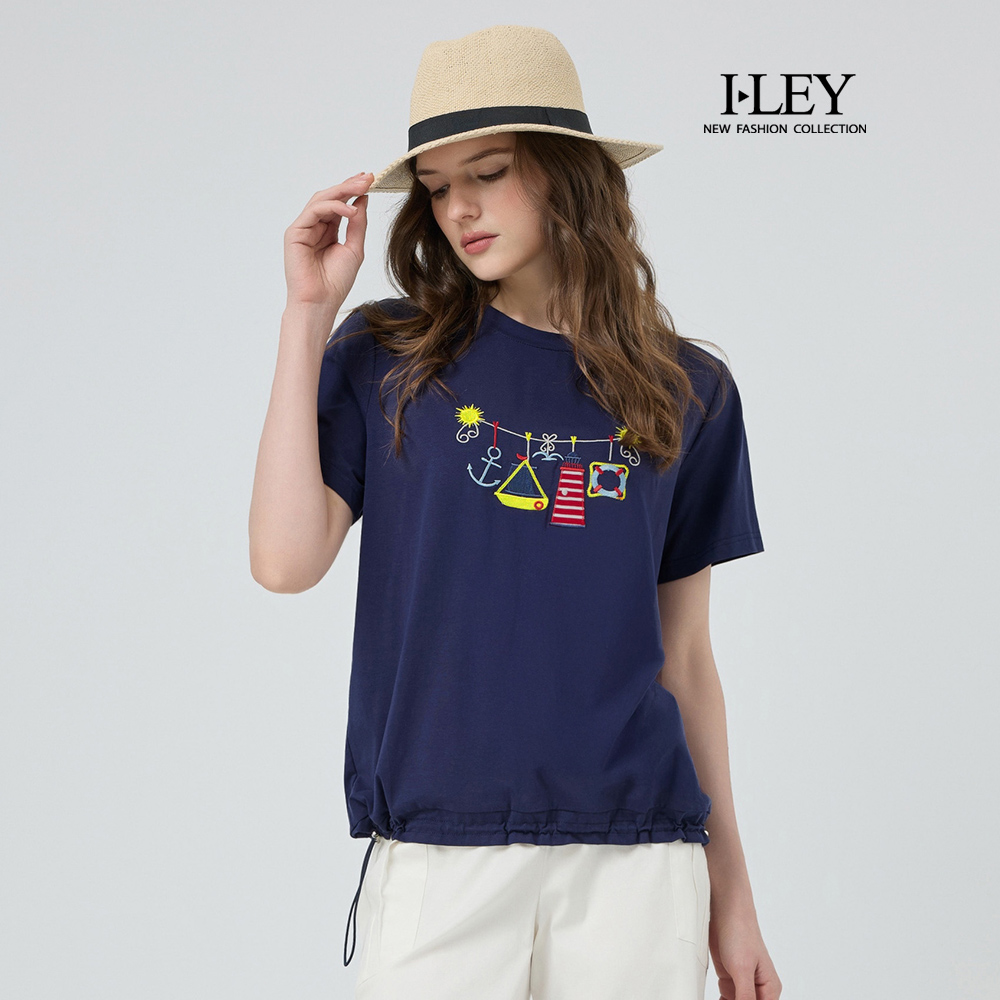 ILEY伊蕾 海洋刺繡寬鬆縲縈棉質上衣(深藍；M-XL)_0