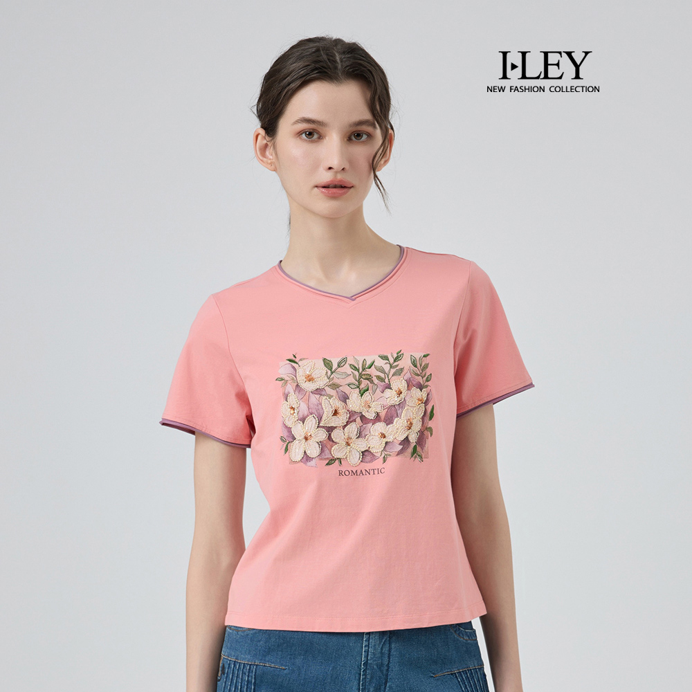 ILEY伊蕾 刺繡花卉印花短版棉質上衣(淺粉；M-XL)_0