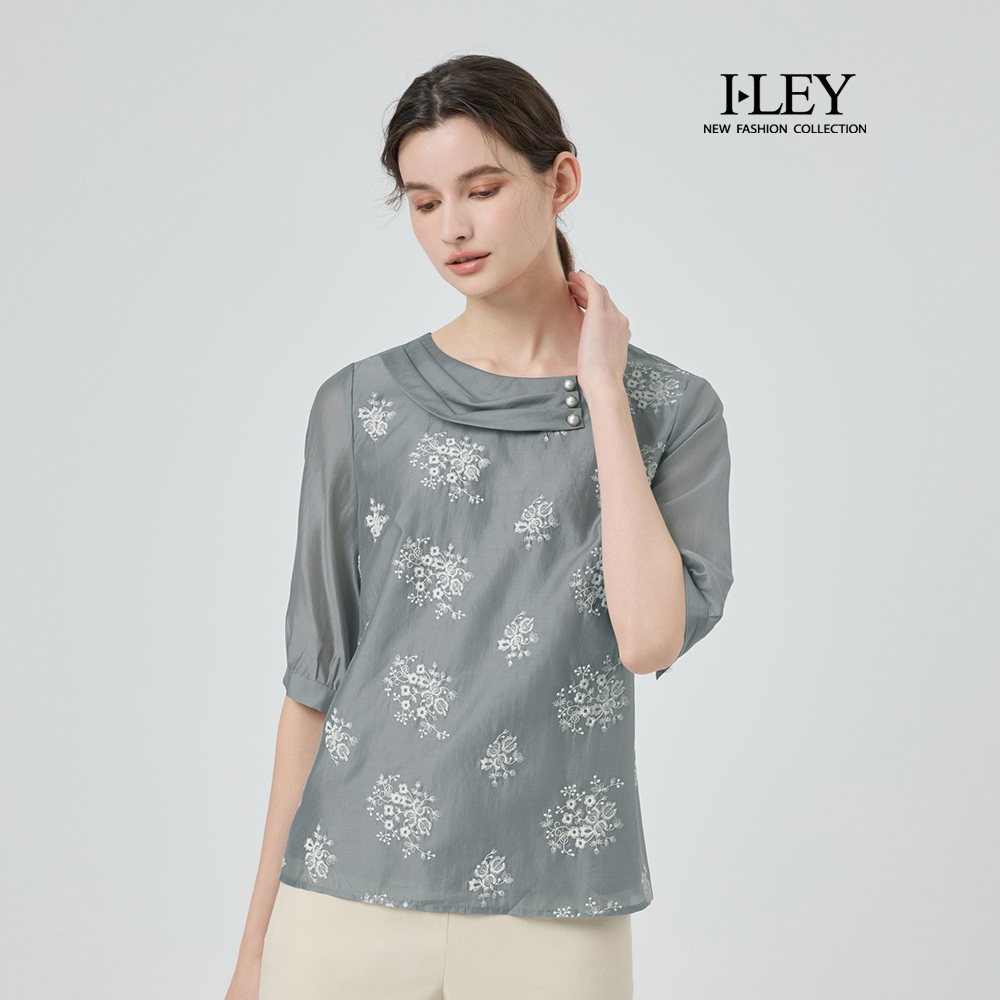 ILEY伊蕾 花卉刺繡萊賽爾上衣(灰；M-2L)_0