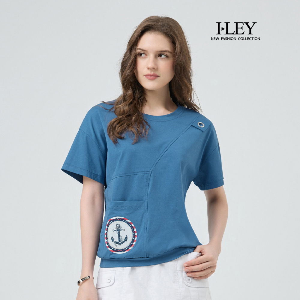 ILEY伊蕾 落肩船錨圖案棉質上衣(藍；M-XL)_0