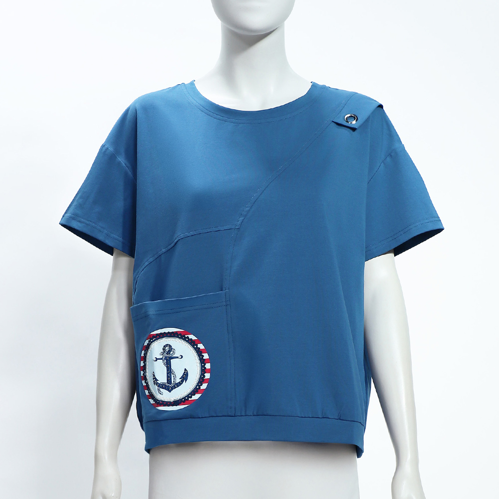 ILEY伊蕾 落肩船錨圖案棉質上衣(藍；M-XL)_3