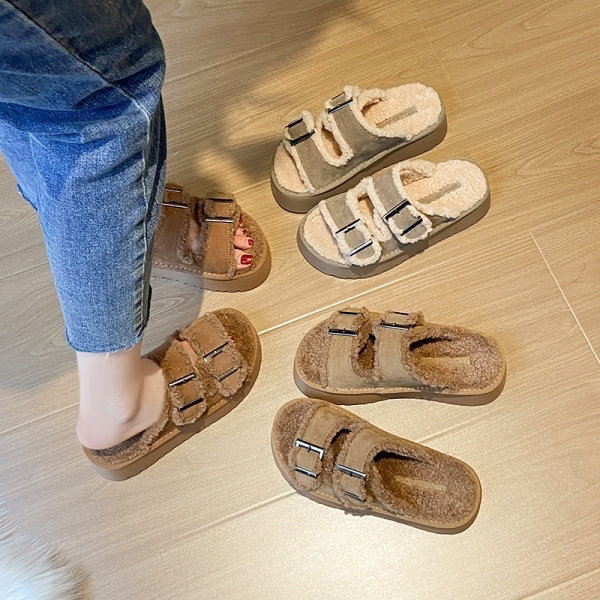 露趾拖鞋．秋冬羊羔毛雙釦環厚底鞋．白鳥麗子| 熱銷推薦| 白鳥麗子