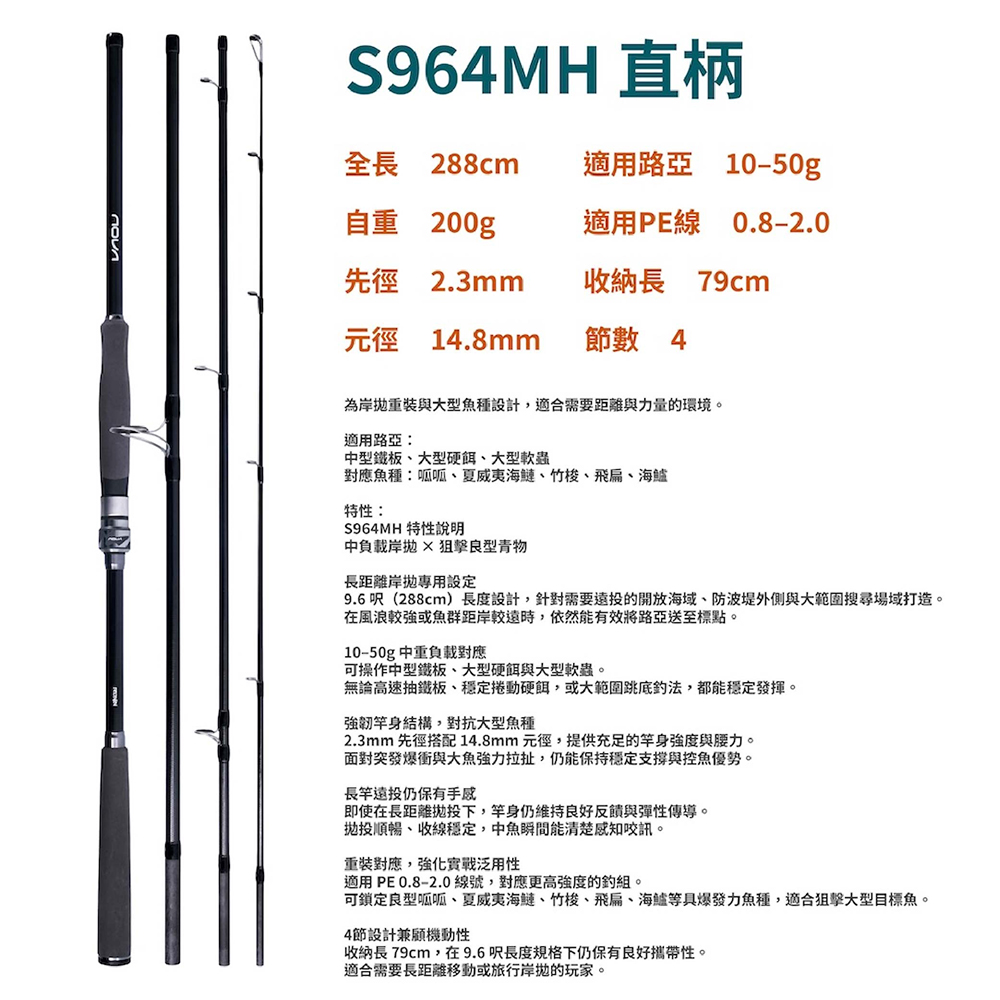 NOVA岸拋竿捲套組】新手岸拋強力推薦！NOVA S964MH 直柄多節路亞竿+