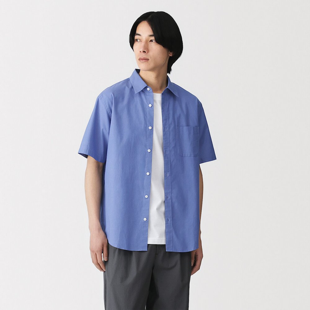 男水洗平織布短袖襯衫藍色
