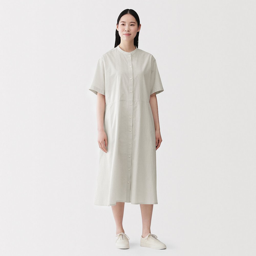 女涼感短袖襯衫洋裝象牙白格紋
