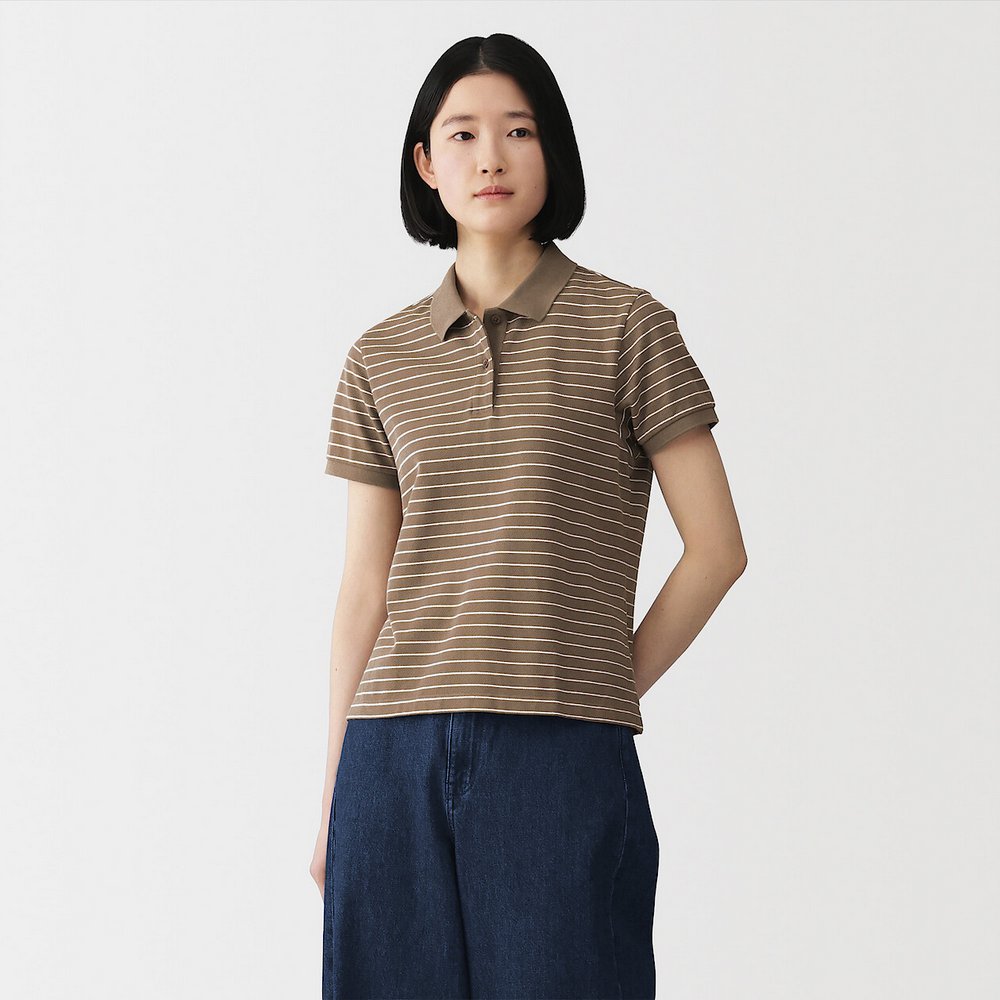 女鹿子織短袖POLO衫煙燻棕橫紋