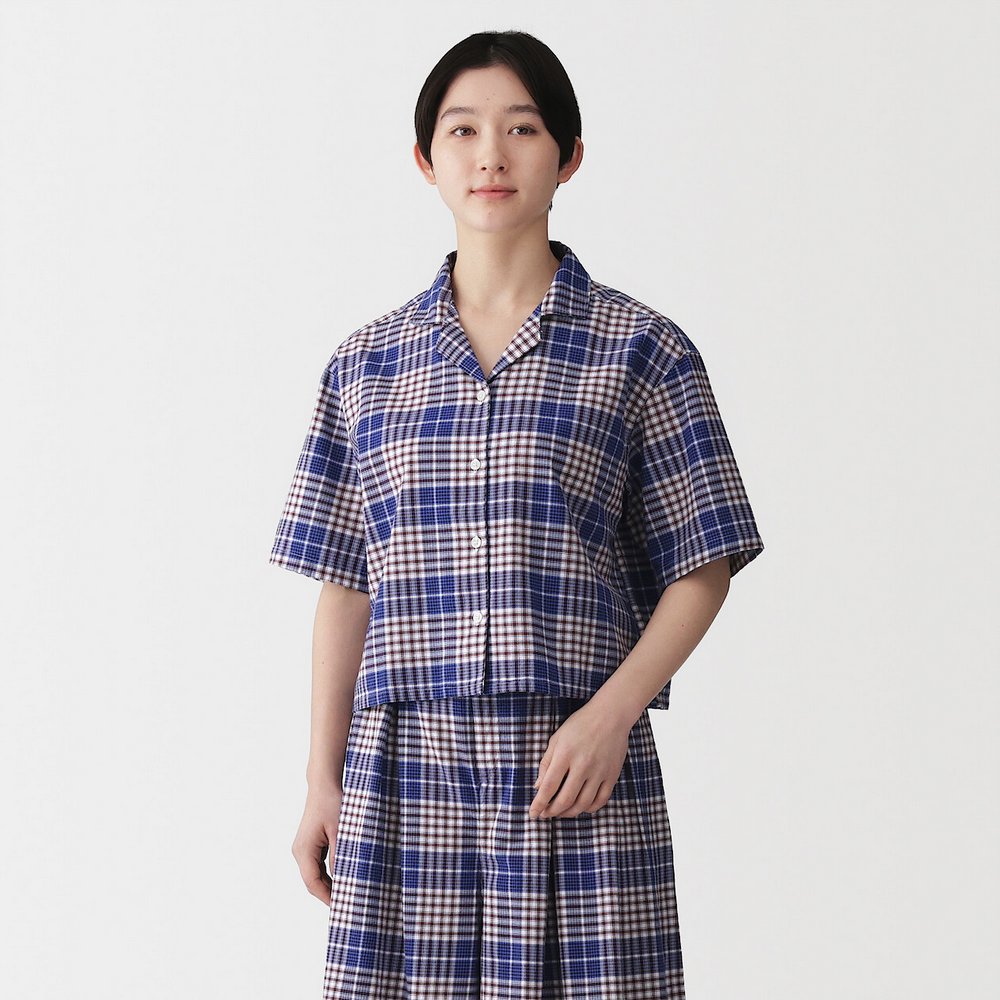 女馬杜拉斯格紋短袖襯衫藍格紋