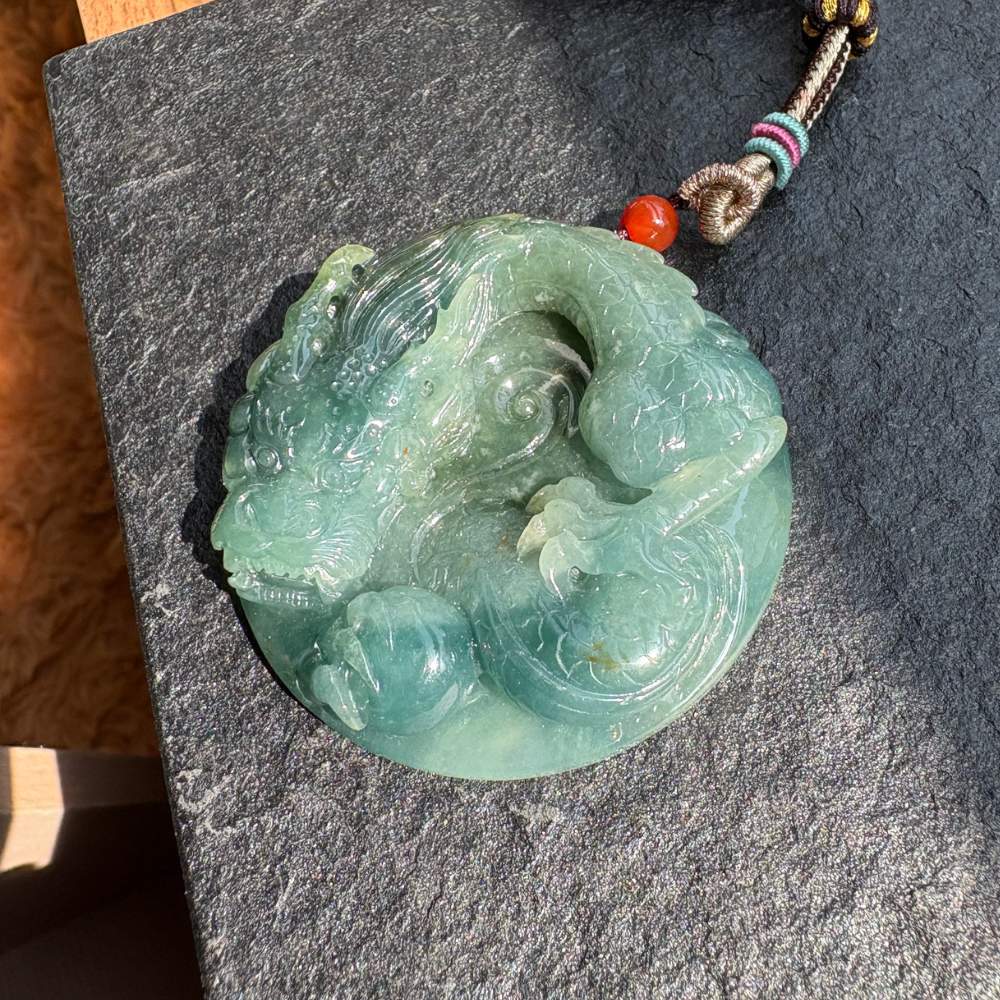 盤龍戲珠冰種藍水翡翠吊墜｜聚氣守財・天然緬甸A貨