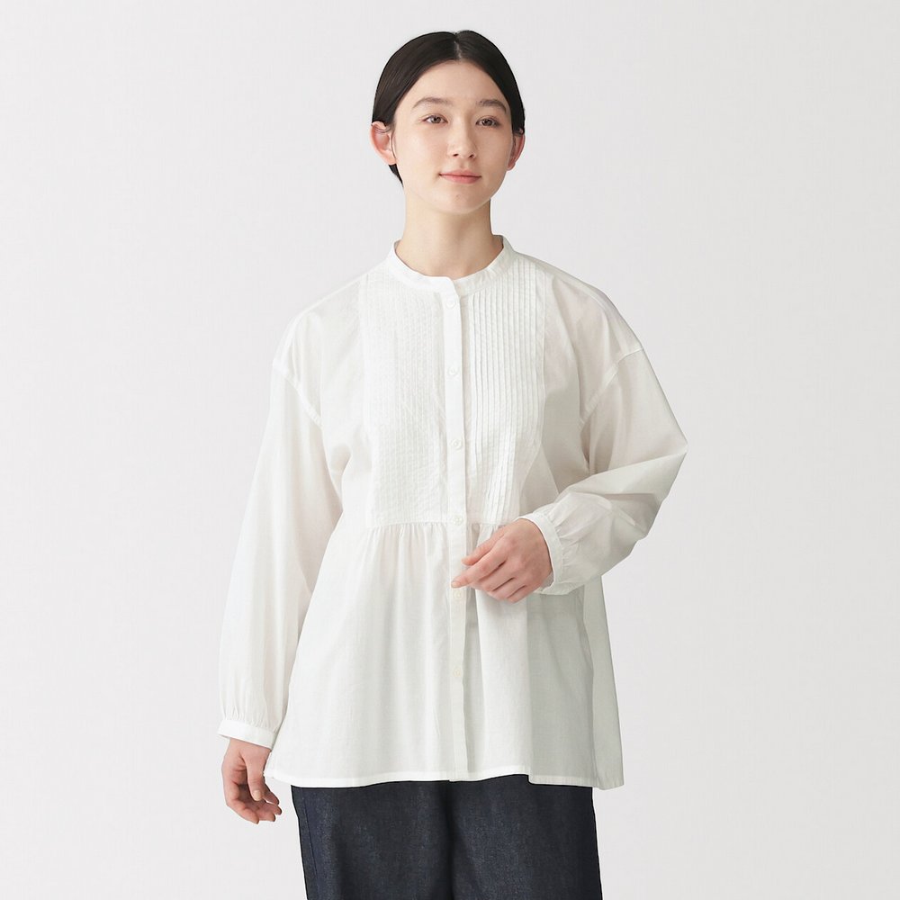 女棉細褶長袖套衫柔白