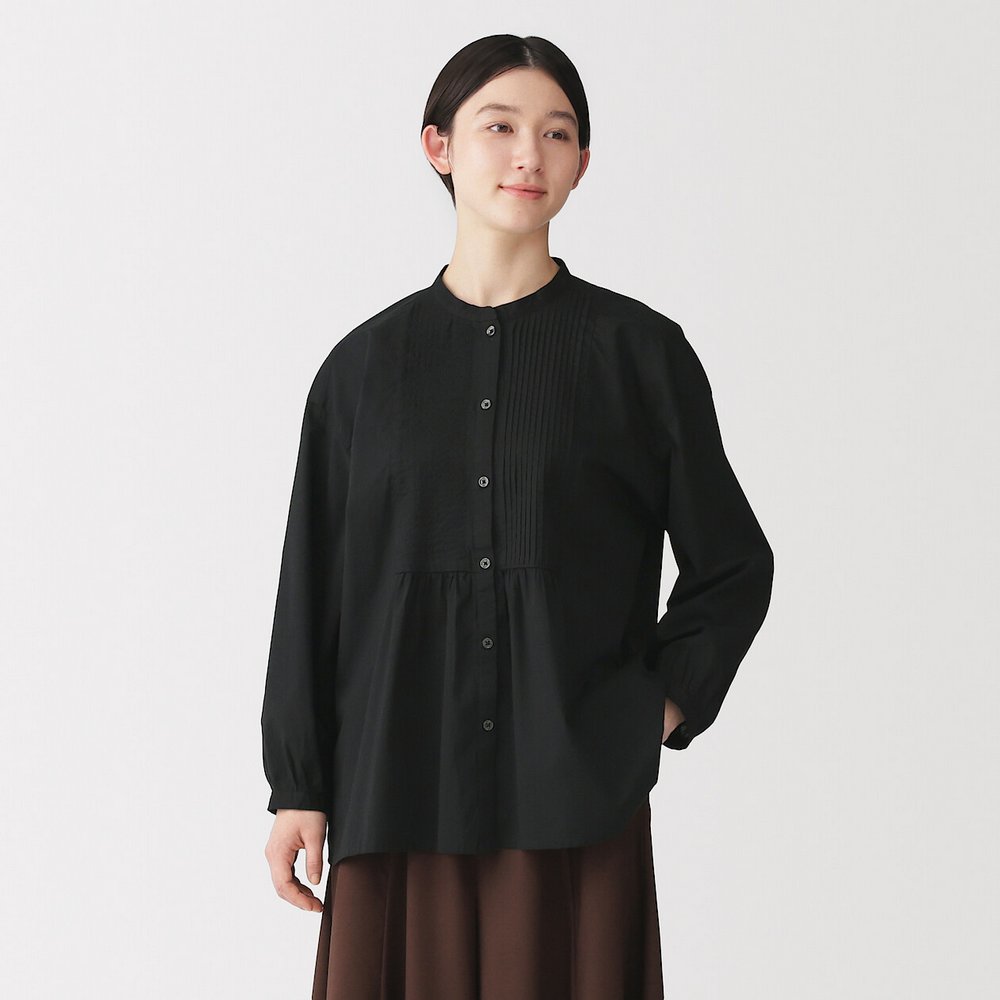 女棉細褶長袖套衫黑色