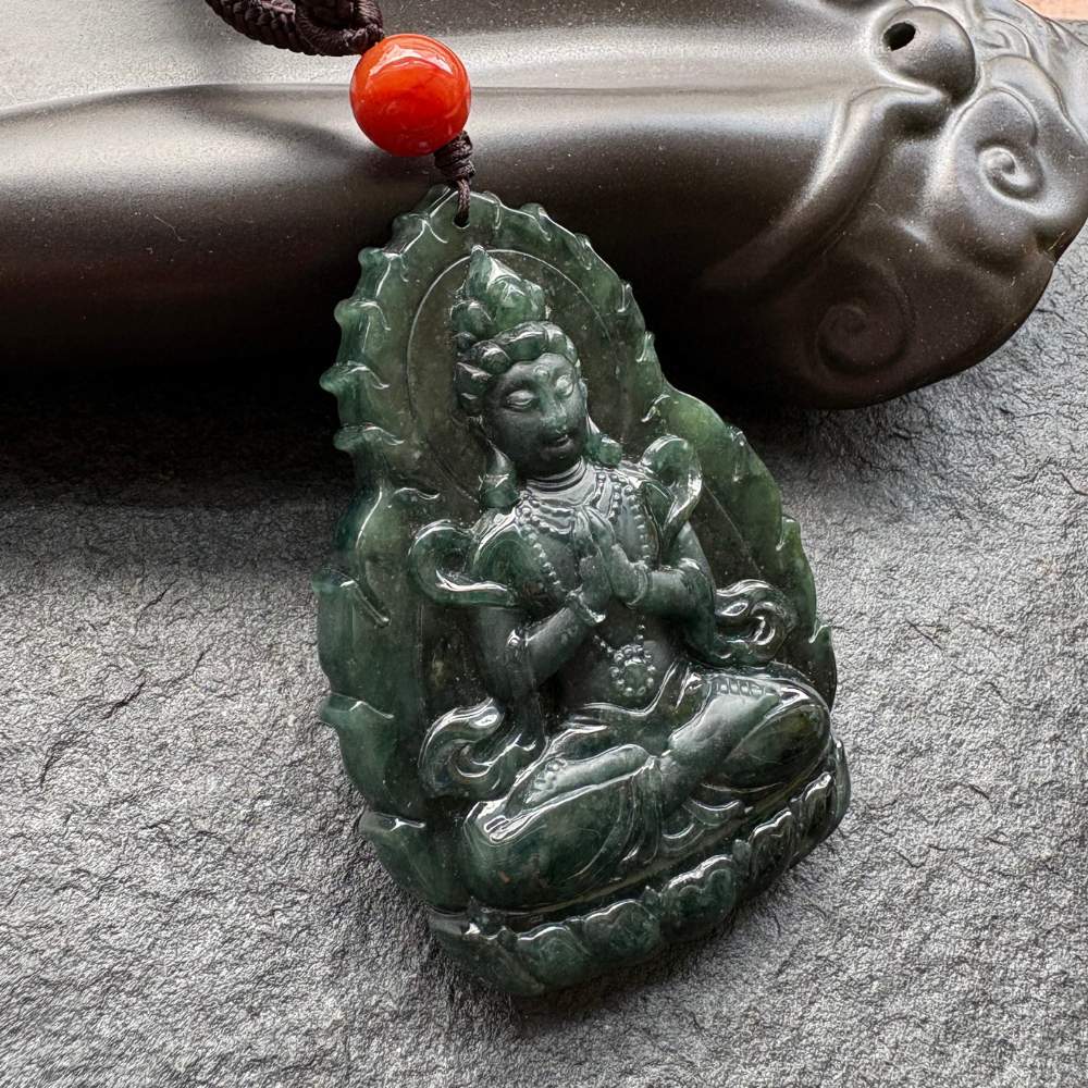 Y72)ヒスイ翡翠糯種水色暗緑A貨『悟道』精彫 彫牌 翡翠吊墜 漢石齋