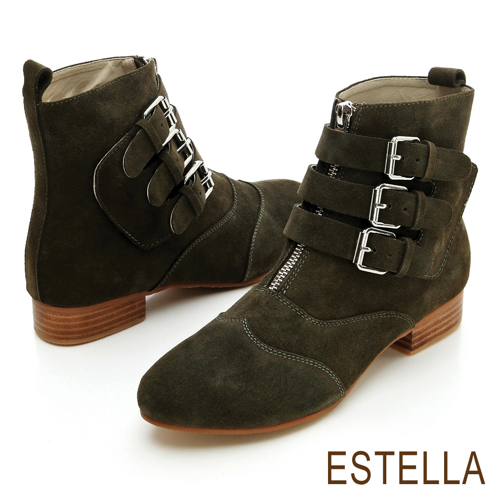 ESTELLA-全真皮三釦環帶拉鍊短靴(綠)_0
