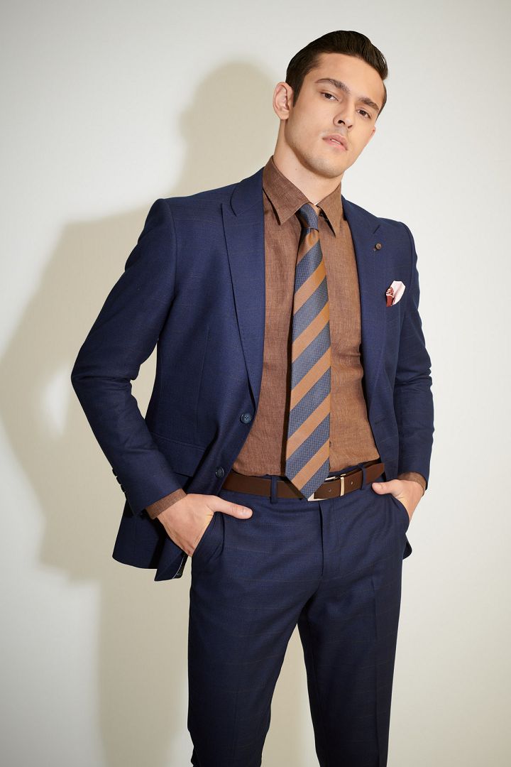SST&C Navy Blue Lattice Slim Fit Suit Trousers | 0212103009  (Outlet)_4