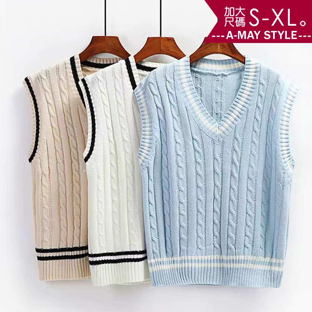 加大碼上衣-韓版學院風V領針織背心(S-XL)【XC249035】＊艾美時尚(現+預)_0