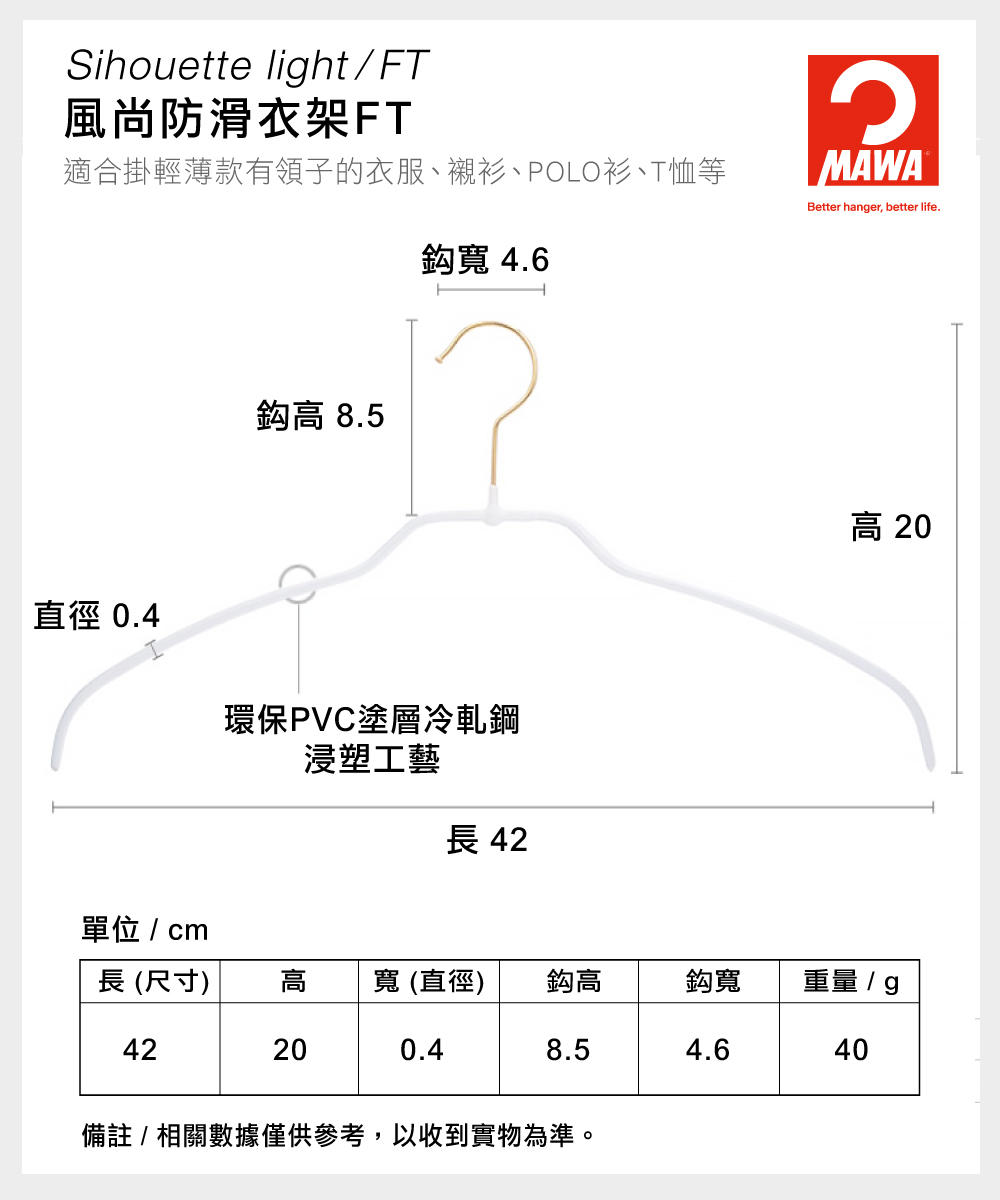 【德國MAWA】時尚簡約止滑無痕衣架42cm(40入_金色掛勾_白色)-德國原裝進口_5