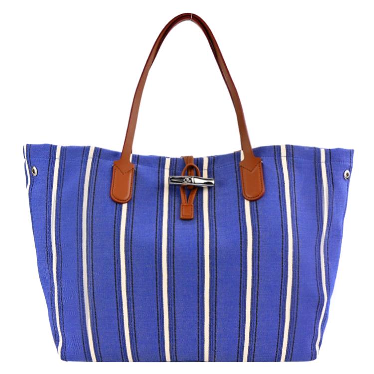 LONGCHAMP ROSEAU ESSENTIAL RAYE系列竹節帆布條紋托特包（大/鈷藍） _廠商直送 | 熱銷推薦 | 康是美網購eShop