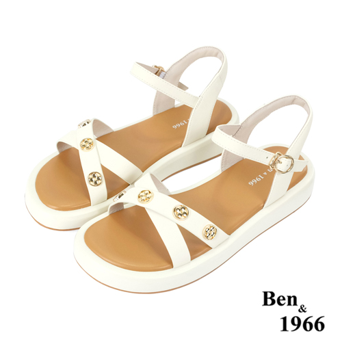 Ben&1966高級絲綢牛皮氣質細帶涼鞋-米白(236571)_0