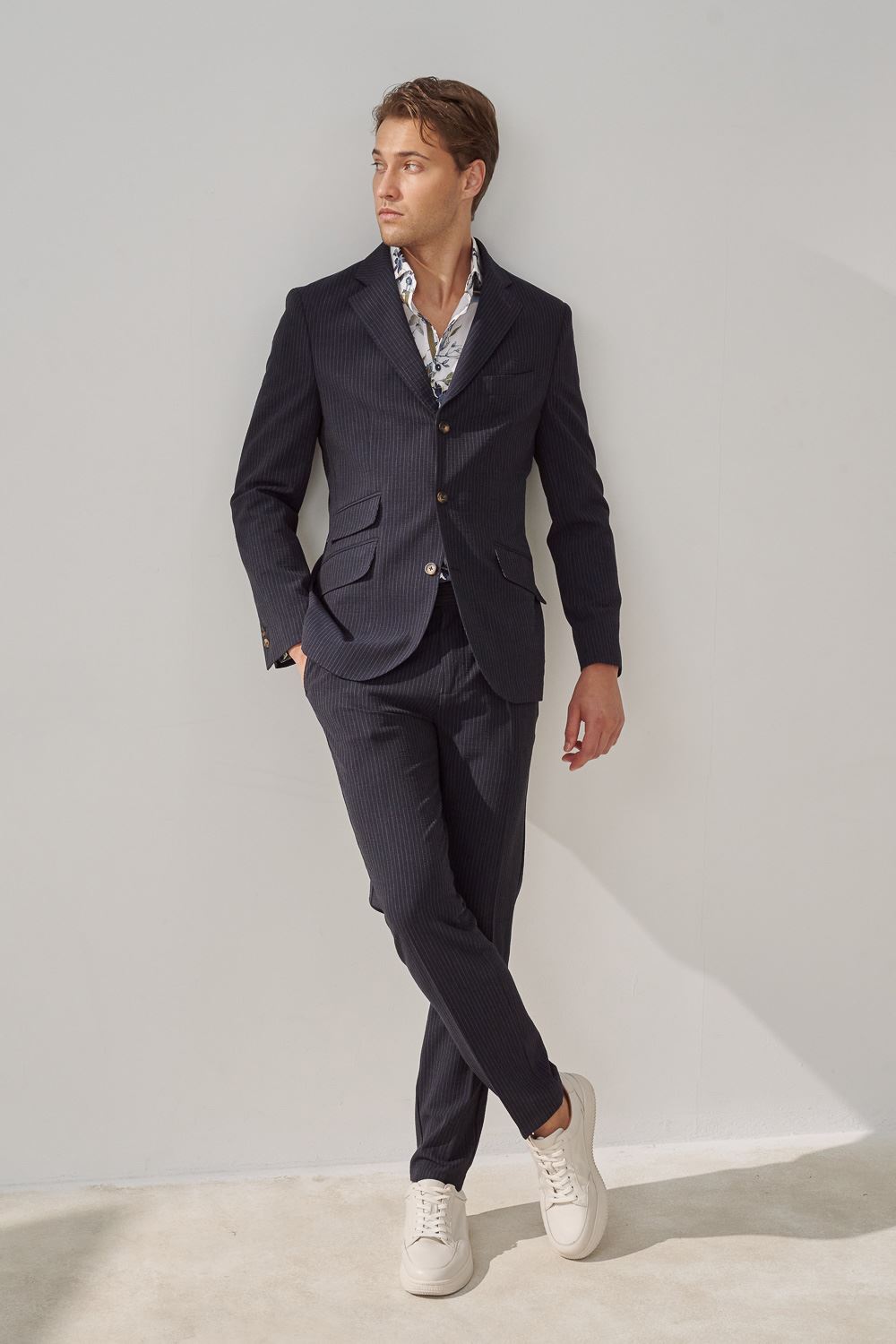 SST&C Navy Striped Pattern Seersucker Pleated Slim Fit Casual Trousers | 1212309004  (Outlet)_4