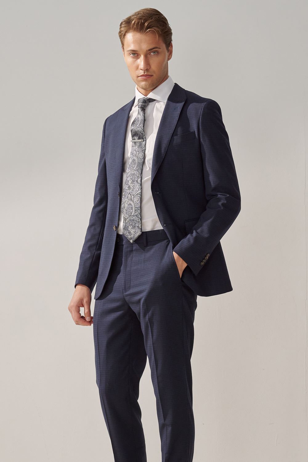 SST&C Navy Check Pattern Machine Washable Tailored Suit Trousers | 0212309004  (Outlet)_5