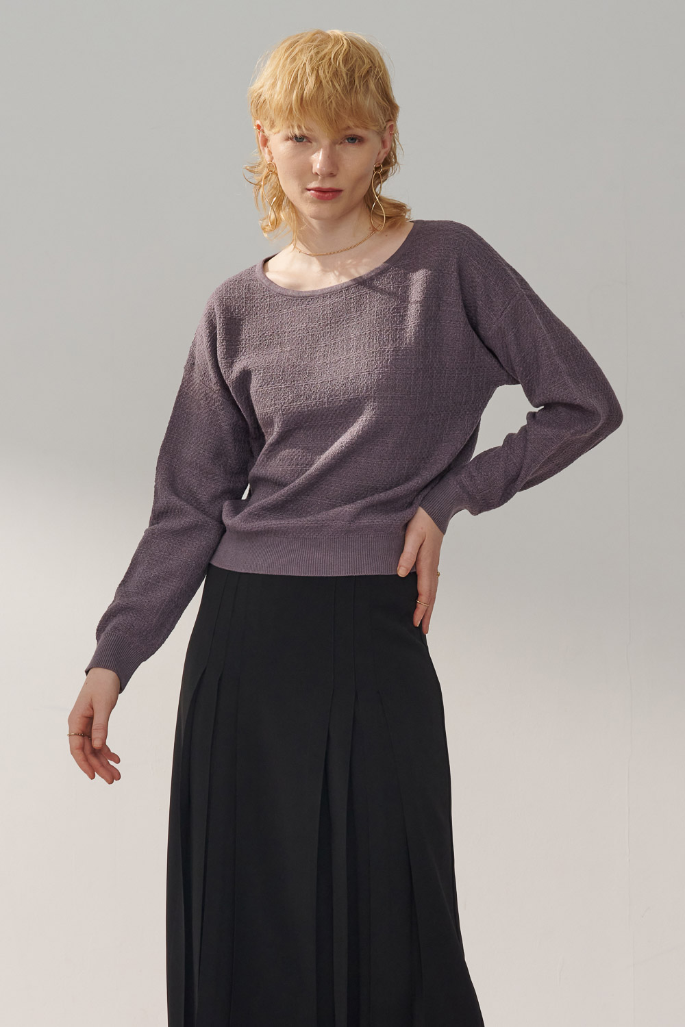 SST&C Mysterious Purple Tweed Off-Shoulder Sweater | 8662310008  (Outlet)_1