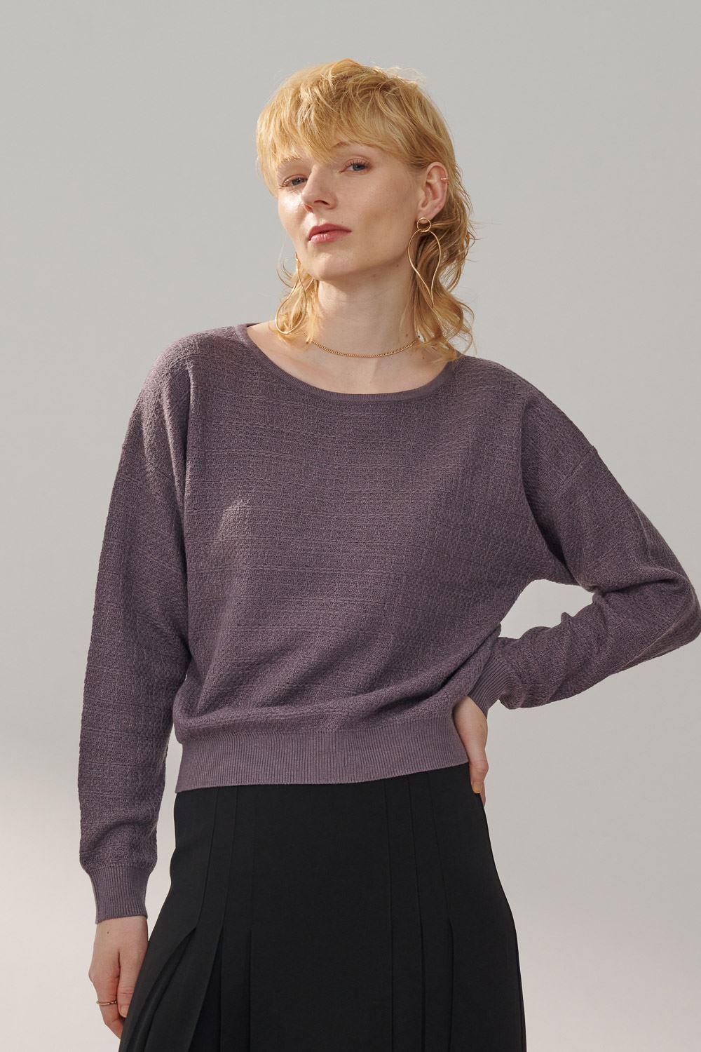 SST&C Mysterious Purple Tweed Off-Shoulder Sweater | 8662310008  (Outlet)_5