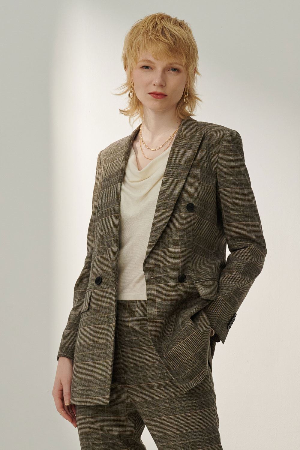 SST&C Brown Check Pattern Sword Collar Suit Jacket | 7162310003  (Outlet)_5
