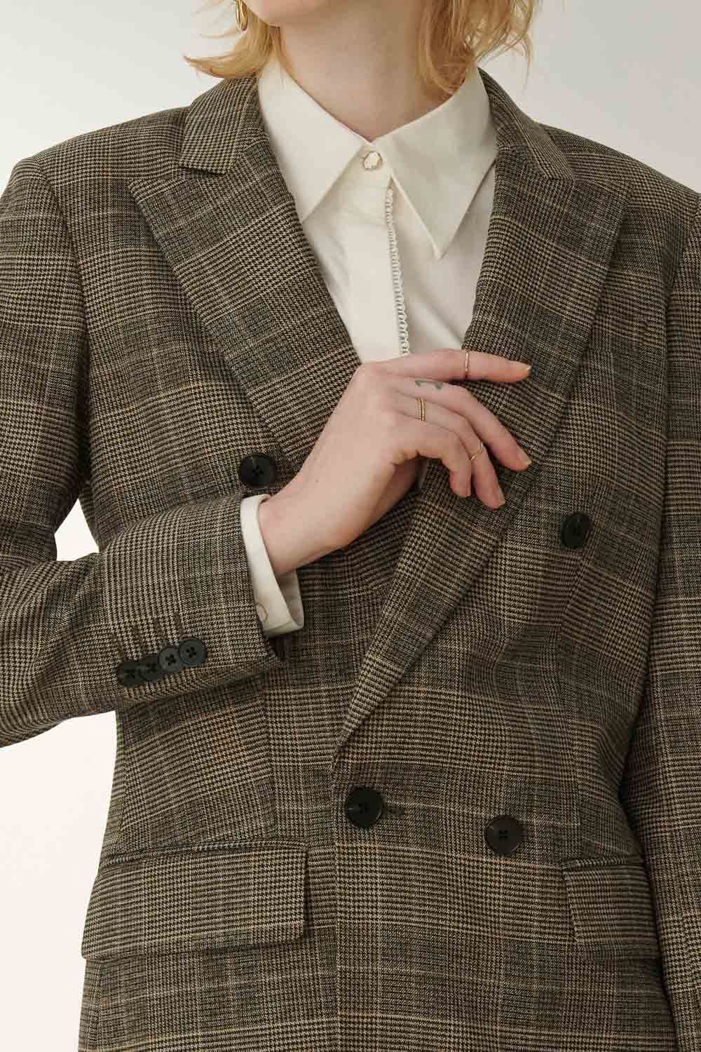 SST&C Brown Check Pattern Sword Collar Suit Jacket | 7162310003  (Outlet)_6
