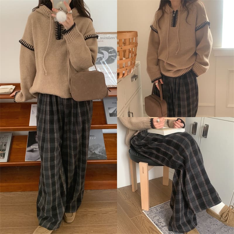 【missy shop】顏絲和縫連帽毛衣格紋褲套裝-57937_1
