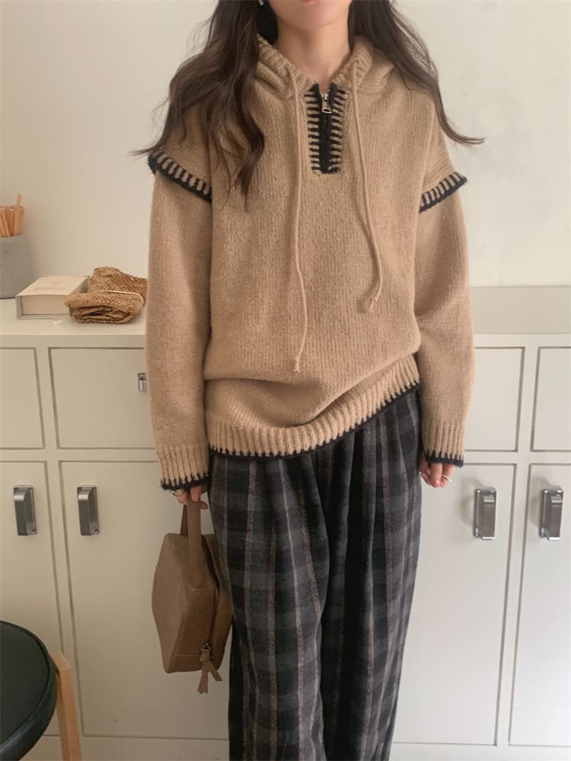 【missy shop】顏絲和縫連帽毛衣格紋褲套裝-57937_2
