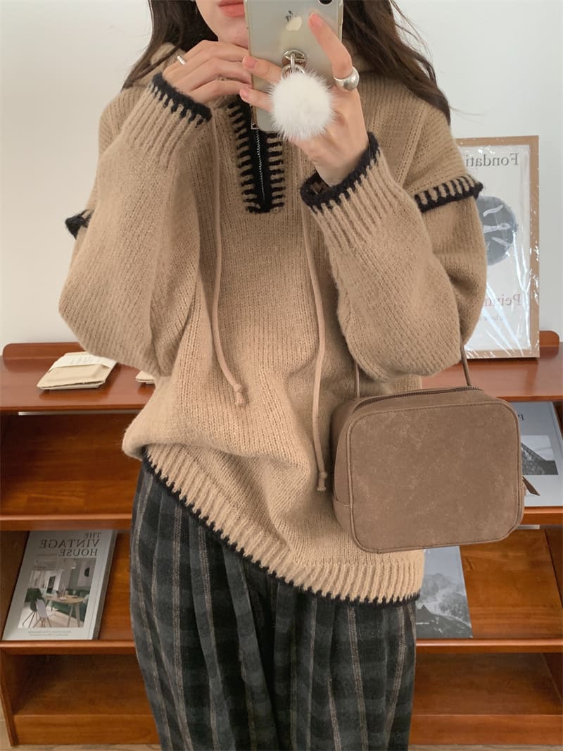 【missy shop】顏絲和縫連帽毛衣格紋褲套裝-57937_4