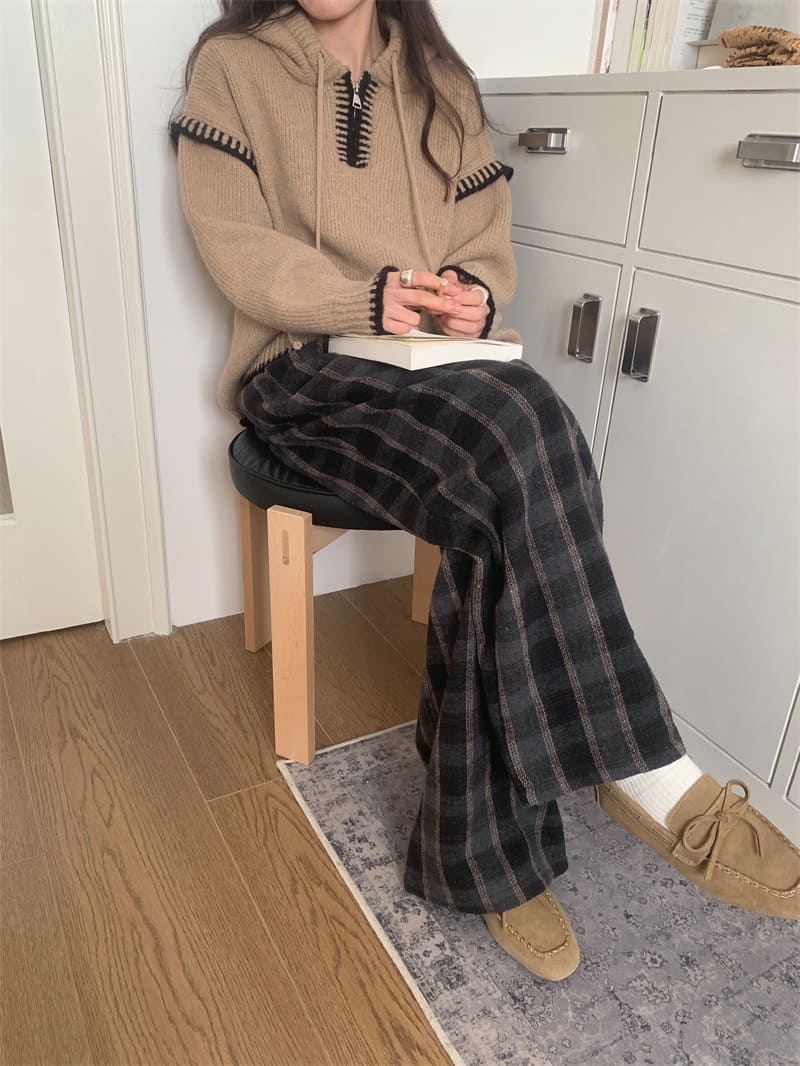 【missy shop】顏絲和縫連帽毛衣格紋褲套裝-57937_5