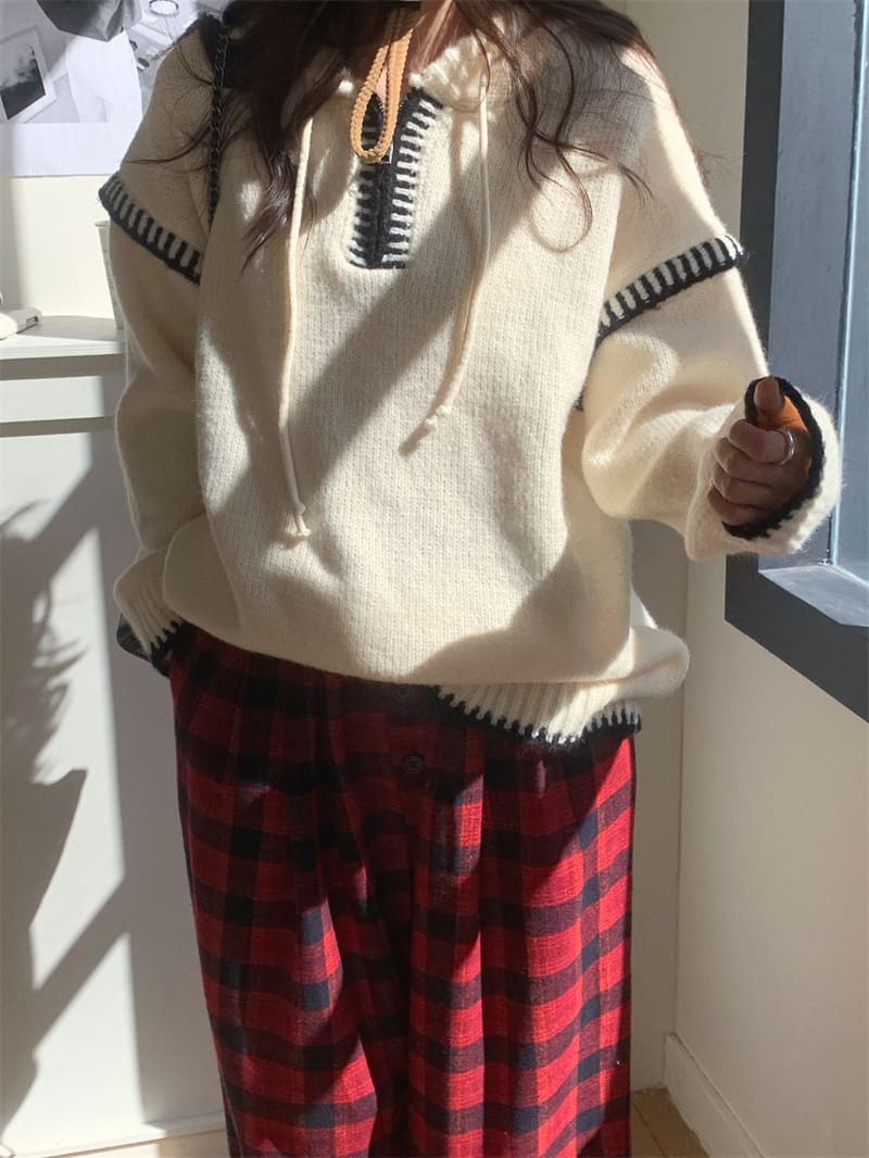 【missy shop】顏絲和縫連帽毛衣格紋褲套裝-57937_7