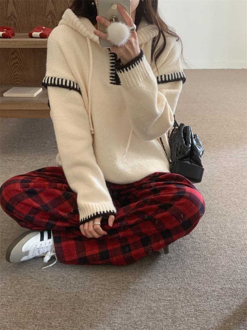 【missy shop】顏絲和縫連帽毛衣格紋褲套裝-57937_9