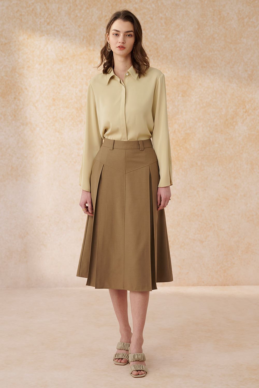 SST&C Dark Khaki Textured Pleated Maxi Skirt | 8362402001  (Outlet)_0