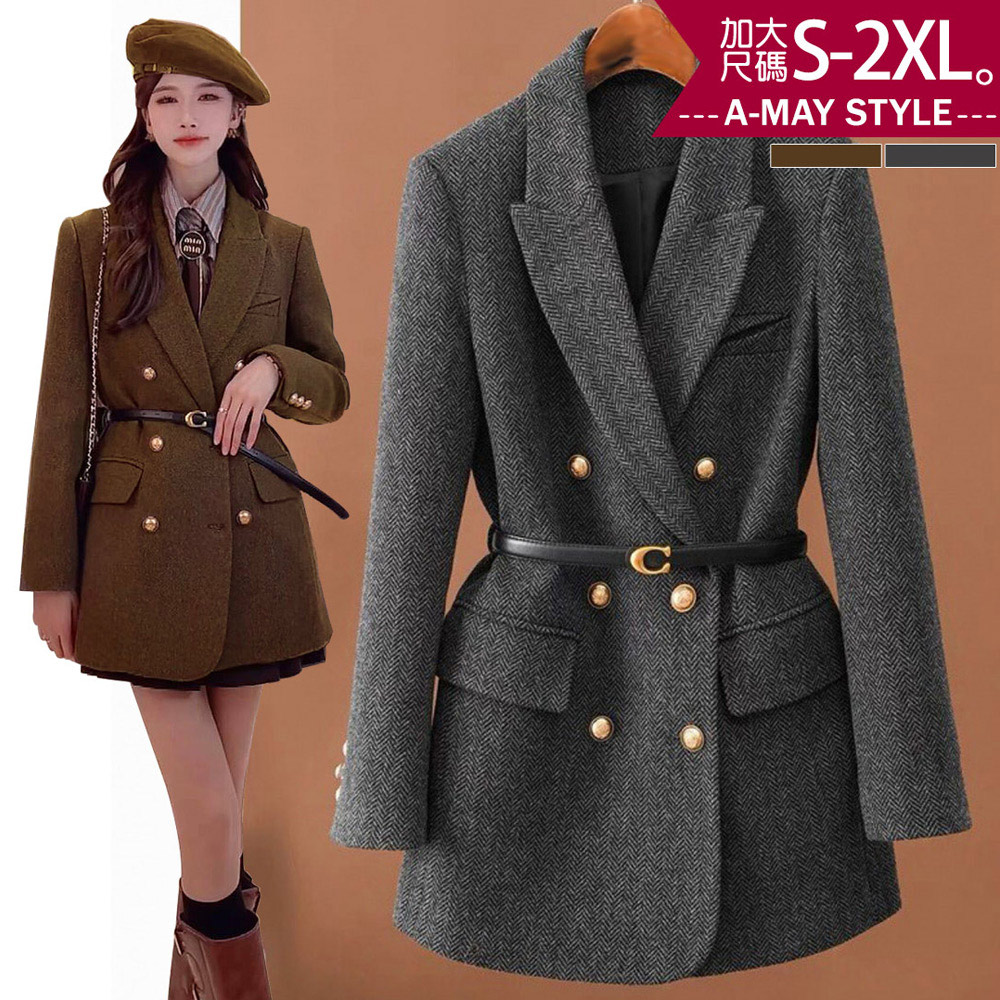 加大碼 西裝外套 歐美時髦雙排扣毛呢西裝大衣(S-2XL)【XBK23W85】＊艾美時尚(現+預)_0