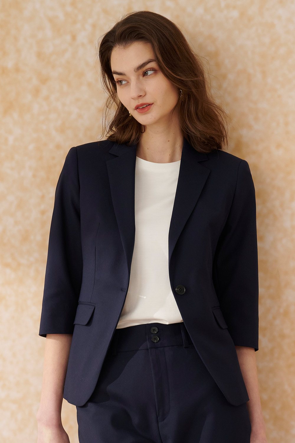 SST&C Navy Square Collar Three-Quarter Sleeve Suit Jacket | 7162403007  (Outlet)_0