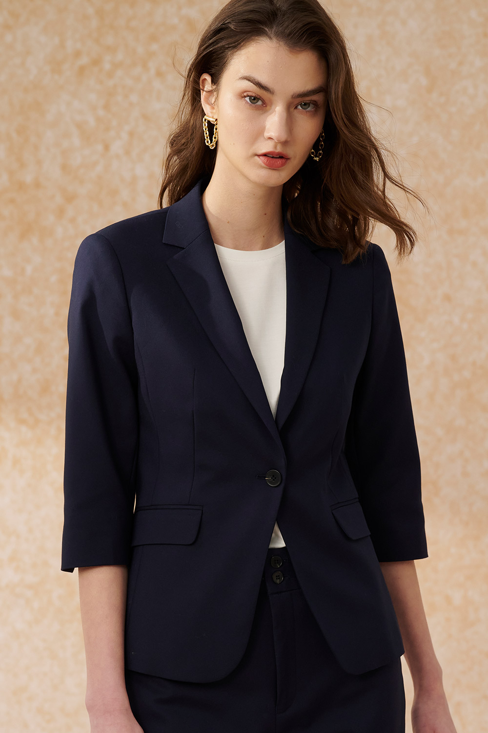 SST&C Navy Square Collar Three-Quarter Sleeve Suit Jacket | 7162403007  (Outlet)_1