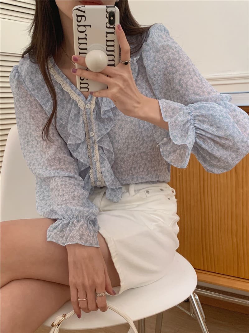 【結帳69折】韓國．眷戀愛花荷葉V領碎花上衣-61850_9