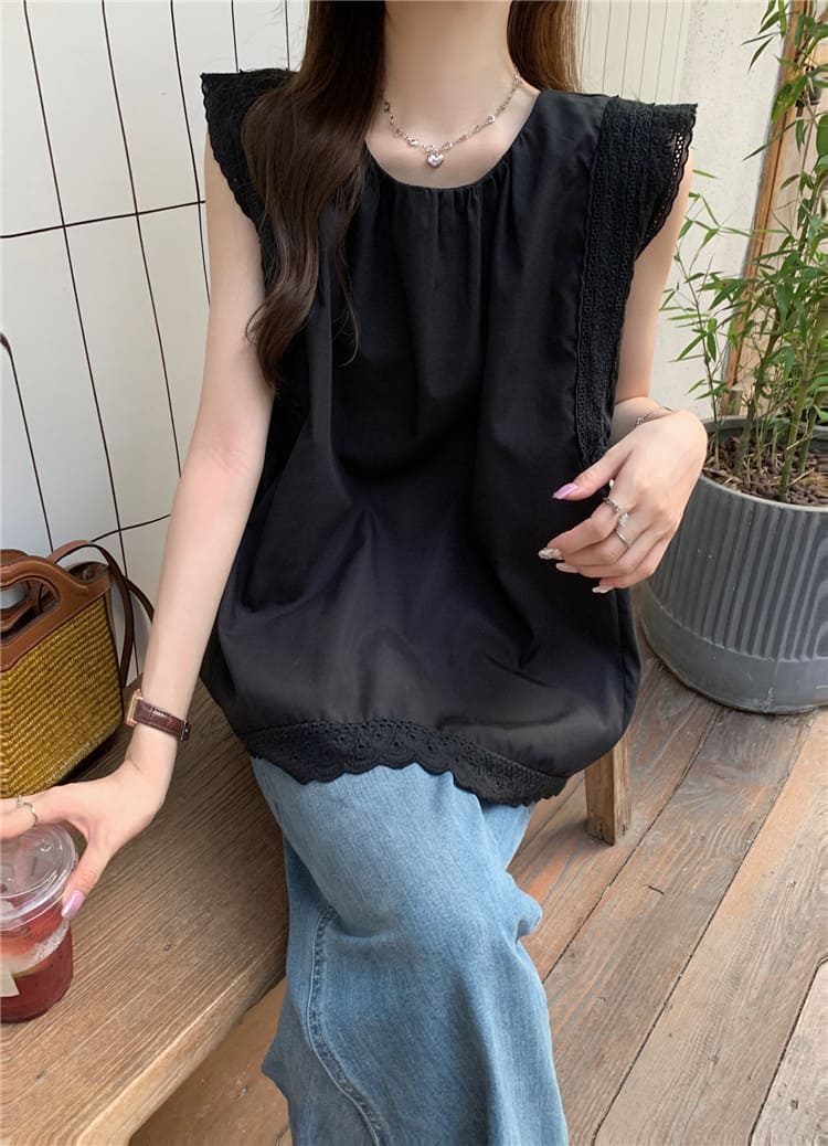 【missy shop】黑夜白晝花邊無袖上衣-63702_9