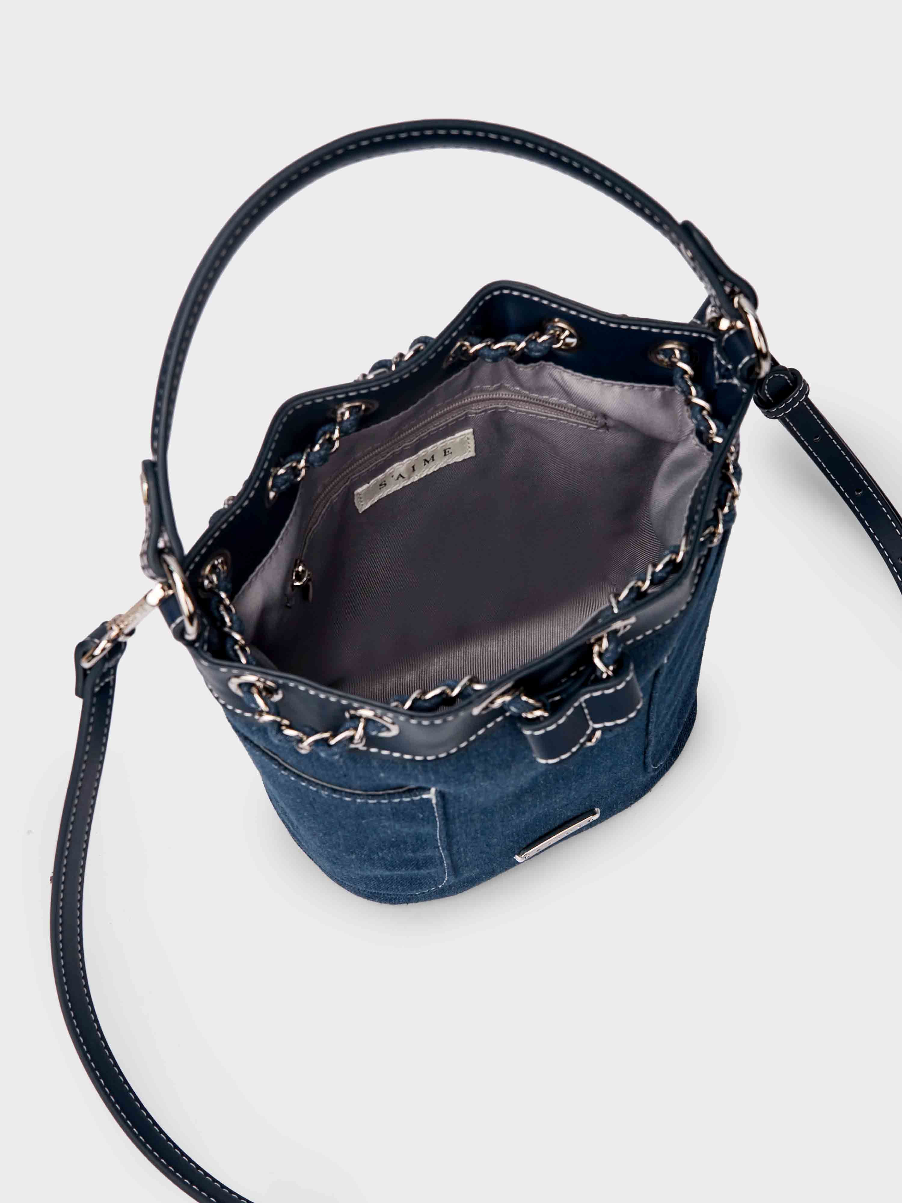 送料込★S’AIME★牛仔ping接錬條水桶包★デニム風2wayショルダ- S'AIME 牛仔拼接鍊條水桶包｜ S'AIME東京企劃